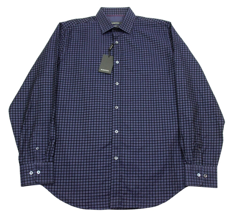 Bugatchi Uomo Shirt Mens M Classic Fit Cotton Purple Check Stripe Long Sleeve